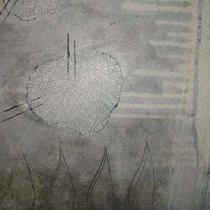 May include: Abstract painting with a gray background and white and black geometric shapes. The shapes are reminiscent of clouds and flames.
