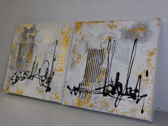 Acrylbilder Set  Weiß/Gold  30x30cm auf Leinwand/ Bilderset mit Struktur / Abstrakte Bilde / Helle Bilder in weiß mit Goldakzenten /Original