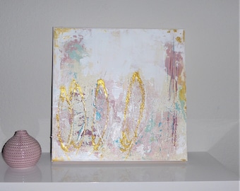 Acrylic painting 40x40 /Light picture in soft tones /Pastel colors/Beige White Gold Pink Light blue/Handmade/Acrylic painting/Picture with structure