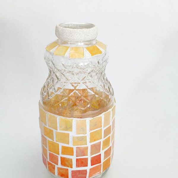 Pineapple Jar / Hand Painted Glass Mosaic / Vase Home Decor / 8" Tall / Unique Gift / Sunshine Yellow Orange Apricot / Jane's Craft Supply