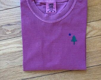 Maine Flag Embroidered Comfort Colors Tee - Pine Tree Star Design