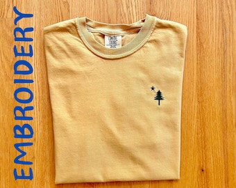 Maine Flag Embroidered Comfort Colors Tee - Pine Tree Star Design