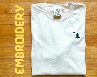 Maine Flag Embroidered Comfort Colors Tee - Pine Tree Star Design