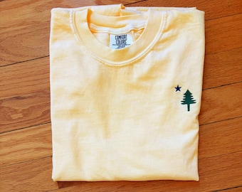 Maine Flag Embroidered Comfort Colors Tee - Pine Tree Star Design