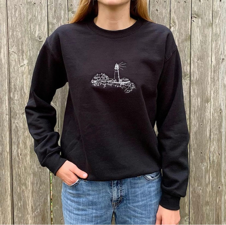 Maine Embroidered Lighthouse Sweatshirt Portland Head Light Etsy