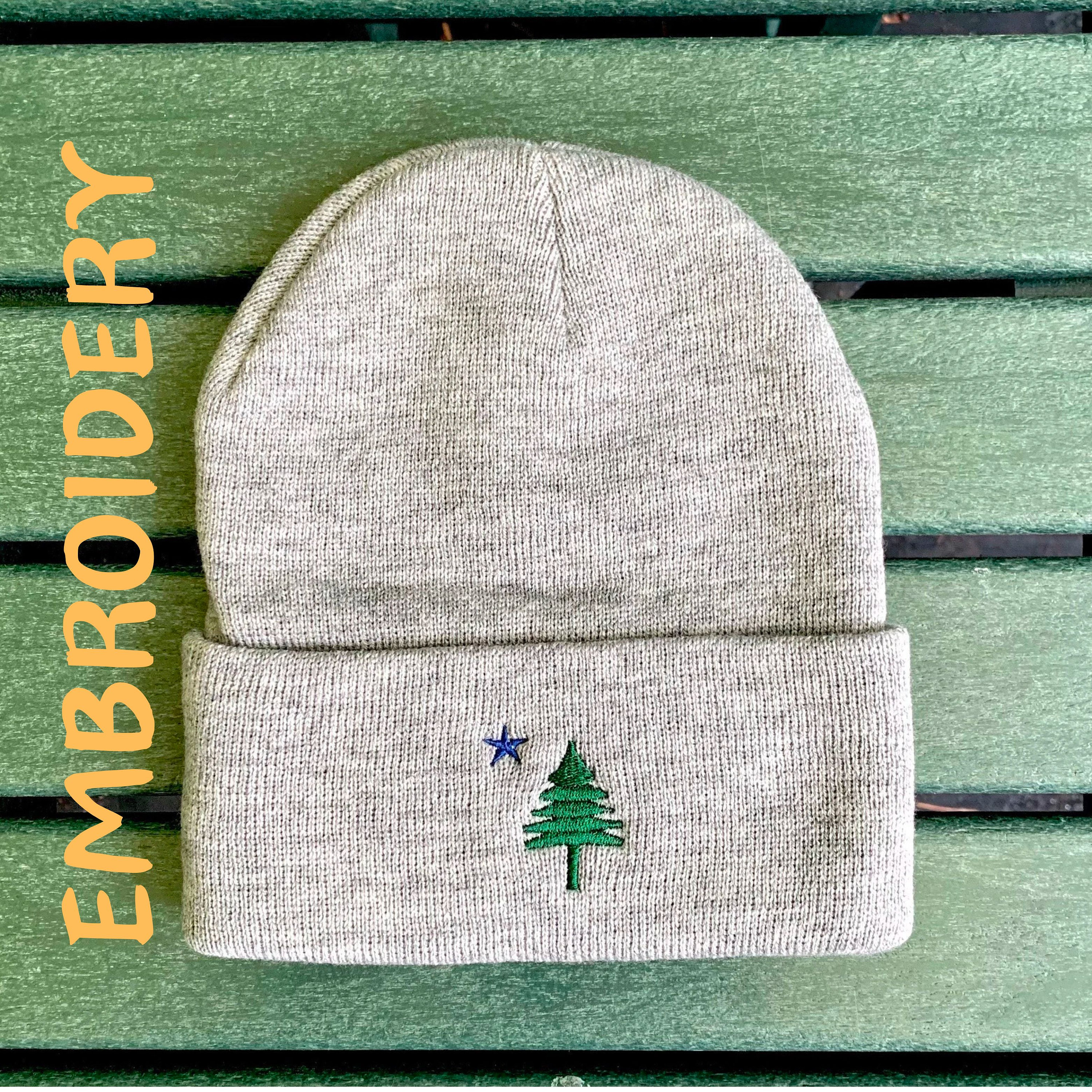 Embroidered Maine Flag Cuffed Beanie: Heather Gray, Pine Tree & Star