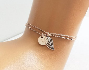 925 silver double bracelet or anklet, multilayer, with engraved plate and leaf pendant, real silver jewelry