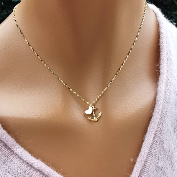 Anchor Necklace with Heart Pendant, 925 Sterling Silver, coin, Friendship, Partner, Engraving, AD30HV