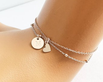 925 silver double bracelet or anklet, multilayer, with engraving plate and asymmetrical heart pendant, real silver jewelry | AD 30HV