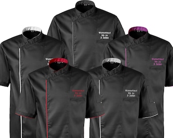 Premium chef's jacket short sleeves with piping and press studs embroidered with desired text grilling cooking baking jacket for chef kitchen