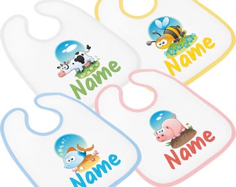 Babylätzchen mit Tier-Motiv und Namen bedruckt