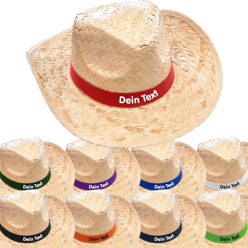 Chapeau de paille imprimé de couleurs vives avec le texte/nom souhaité sur le bandeau coloré Chapeau de soleil Majorque Chapeau de fête JGA Enterrement de vie de garçon Fête des pères Oktoberfest image 1