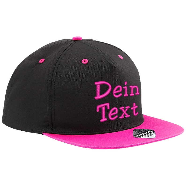 Snapback Basecap Baseball Cap bestickt mit Ihrem Namen / Wunschtext Mütze Cappy Black / Fuchsia