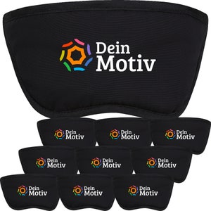 Könnte beinhalten: Neun schwarze Schlafmasken mit einem bunten Logo und dem Text "Dein Motiv" bedruckt.