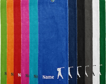 Golfhandtuch bestickt mit Name und Motiv Golfer – personalisiertes Golftuch Baumwolle | Golf Zubehör Handtuch mit Karabiner Deutschland