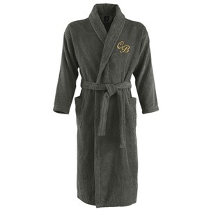 May include: A dark gray bathrobe with a shawl collar and a belt. The robe has a gold embroidered monogram "CB" on the left chest.