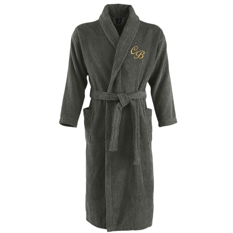 May include: A dark gray bathrobe with a shawl collar and a belt. The robe has a gold embroidered monogram "CB" on the left chest.