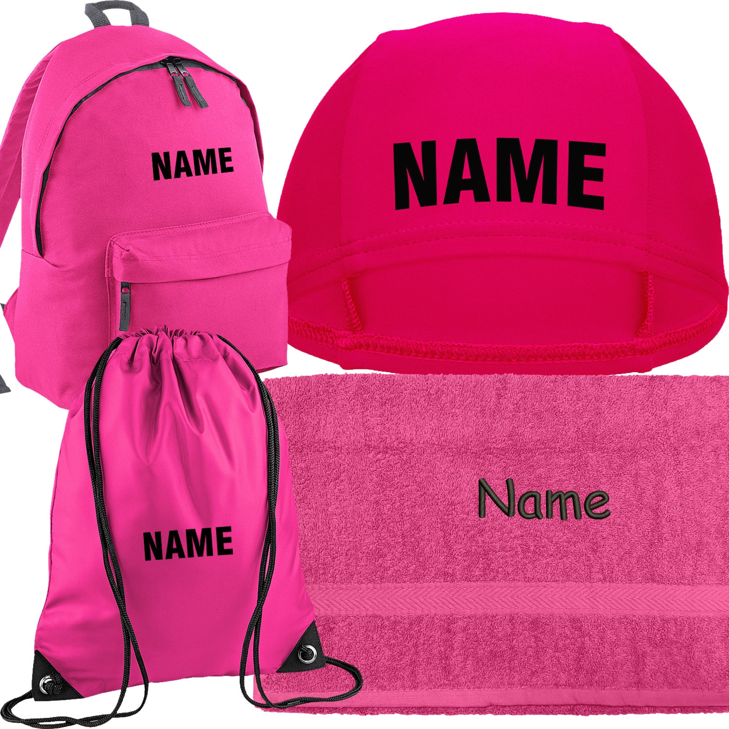 Kinder Set Mit Namen - Badekappe, Turnbeutel, Handtuch, Rucksack, Schürze Personalisiert