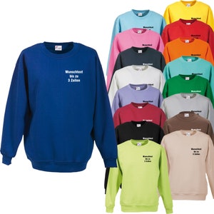 Könnte beinhalten: Eine Sammlung von 16 Crewneck-Sweatshirts in verschiedenen Farben, darunter Blau, Pink, Gelb, Rot, Orange, Grün, Weiß, Schwarz und Grau. Jedes Sweatshirt hat eine kleine Textbox auf der Vorderseite mit der Aufschrift "Wunschtext bis zu 3 Zeilen".