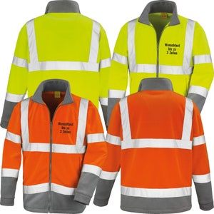 Könnte beinhalten: Zwei Sicherheitsjacken mit reflektierenden Streifen. Eine Jacke ist gelb mit einem grauen Kragen und die andere ist orange mit einem grauen Kragen. Beide Jacken haben einen Reißverschluss und einen reflektierenden Streifen über der Brust. Der Text "Wunschtext bis zu 3 Zeilen" ist auf den Jacken aufgedruckt.