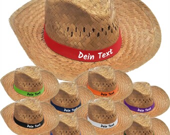 Lot de 10 chapeaux de paille foncés imprimés avec le texte/nom souhaité sur un bandeau coloré, chapeau de soleil, chapeau de fête, JGA, enterrement de vie de jeune fille, fête des pères.