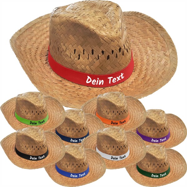 10er Pack Strohhut dunkel bedruckt mit Wunschtext / Name auf farbigen Hutband Party Sonnenhut Partyhut JGA Junggesellenabschied Vatertag