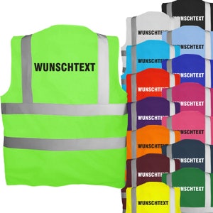 Puede incluir: Un chaleco de seguridad verde lima con bandas reflectantes y el texto "WUNSCHTEXT" impreso en la parte delantera. El chaleco se muestra en una variedad de colores, incluyendo blanco, azul claro, turquesa, rojo, morado, naranja, marr&oacute;n, amarillo y verde.