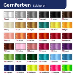 May include: A color chart of 36 different yarn colors, labeled with numbers and German names. The colors are arranged in rows of six, with each row representing a different color family. The colors include white, gray, black, brown, red, orange, yellow, green, blue, and pink.