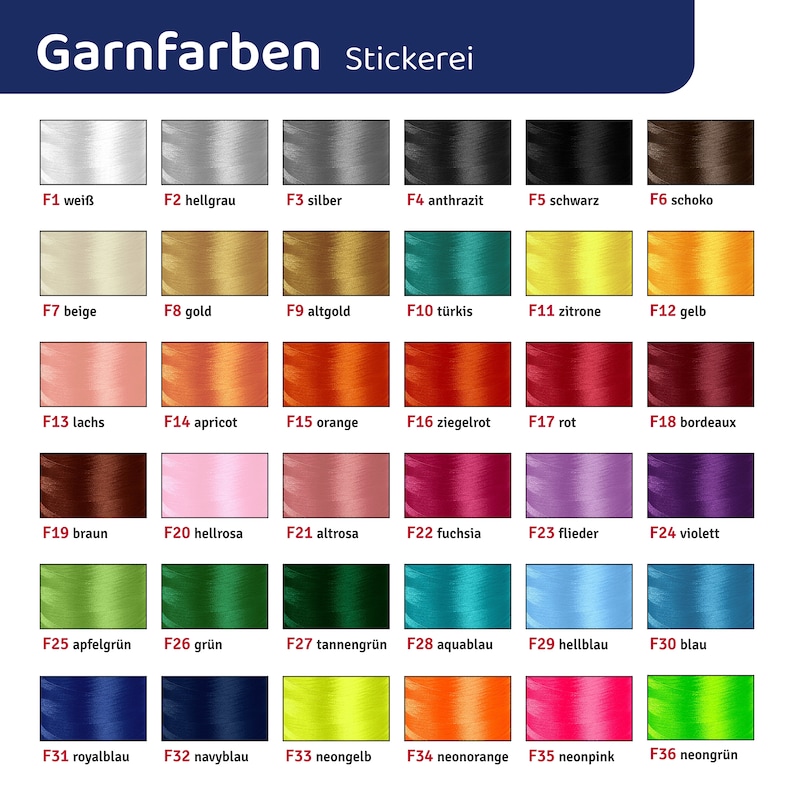 May include: A color chart of 36 different yarn colors, labeled with numbers and German names. The colors are arranged in rows of six, with each row representing a different color family. The colors include white, gray, black, brown, red, orange, yellow, green, blue, and pink.