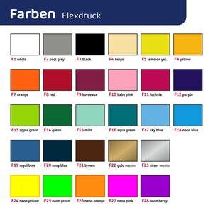 Puede incluir: Una carta de colores con 28 colores diferentes, etiquetados con sus nombres y c&oacute;digos de color correspondientes. Los colores est&aacute;n dispuestos en filas y columnas, con cada color teniendo un tono y matiz distintos. La carta est&aacute; titulada "Farben Flexdruck" y es una herramienta &uacute;til para dise&ntilde;adores y artistas.