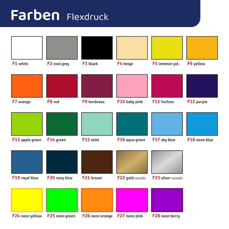 Puede incluir: Una carta de colores con 28 colores diferentes, etiquetados con sus nombres y c&oacute;digos de color correspondientes. Los colores est&aacute;n dispuestos en filas y columnas, con cada color teniendo un tono y matiz distintos. La carta est&aacute; titulada "Farben Flexdruck" y es una herramienta &uacute;til para dise&ntilde;adores y artistas.