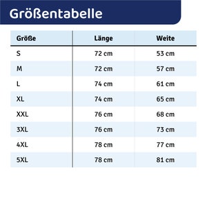 Puede incluir: Tabla de tallas que muestra las medidas en cent&iacute;metros para las tallas de ropa S a 5XL. La tabla incluye las medidas de longitud y anchura.