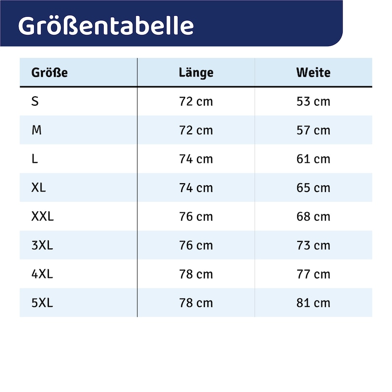 Puede incluir: Tabla de tallas que muestra las medidas en cent&iacute;metros para las tallas de ropa S a 5XL. La tabla incluye las medidas de longitud y anchura.