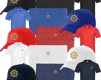 Set Polo-Shirt + Duschtuch + Basecap bestickt mit maritimem Motiv Steuerrad