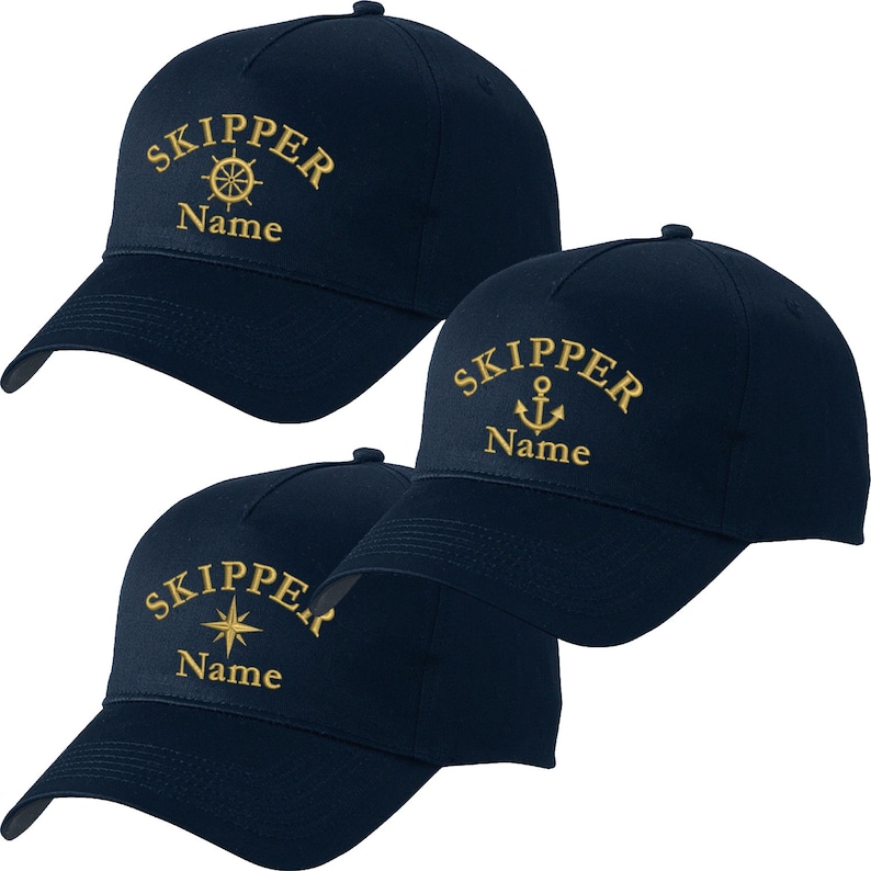 Basecap navyblau bestickt mit Motiv Name Kapitänsmütze Captain Anker Kapitän Steuermann Mütze Cappy Skipper Crew Kompass Skipper