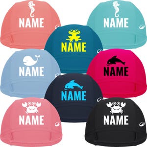 Children's swimming cap with name and animal print. Swimming cap, gift for starting school, swimming lessons, or swimming. image 1