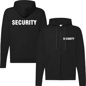 Könnte beinhalten: Schwarzer Kapuzenpullover mit Reißverschluss. Der Pullover hat das Wort "SECURITY" in Weiß auf der Vorder- und Rückseite aufgedruckt.