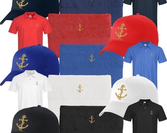 Set Polo-Shirt + Duschtuch + Basecap bestickt mit maritimem Motiv Anker