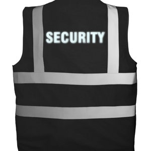 Black safety vest with reflective print SECURITY, reflective print safety vest