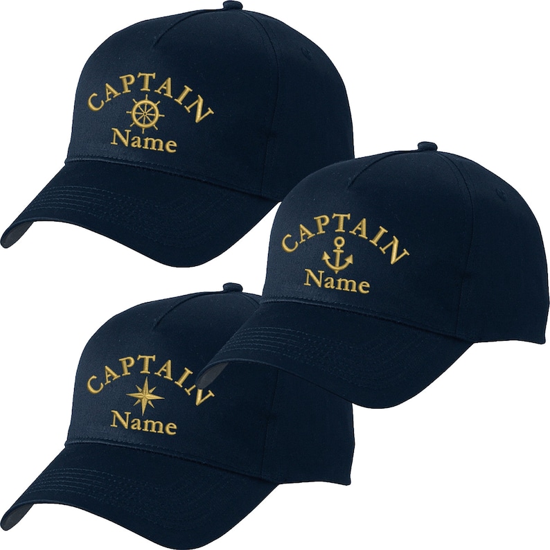 Basecap navyblau bestickt mit Motiv Name Kapitänsmütze Captain Anker Kapitän Steuermann Mütze Cappy Skipper Crew Kompass Captain