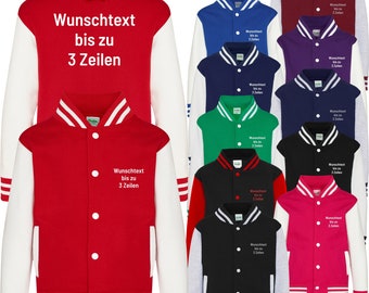 Kids Baseballjacke Varsity Jacket bedruckt mit Wunschtext Sweat Jacke mit Druckknöpfen Collegejacke für Kinder