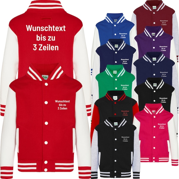 Kids Baseballjacke Varsity Jacket bedruckt mit Wunschtext Sweat Jacke mit Druckknöpfen Collegejacke für Kinder