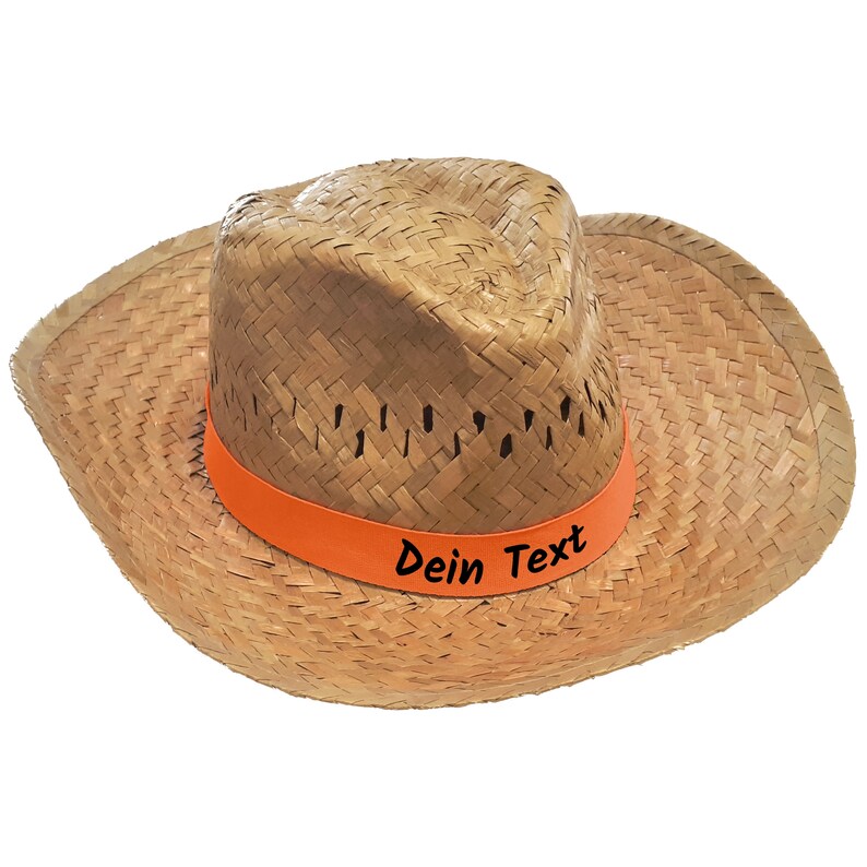 10er Pack Strohhut dunkel bedruckt mit Wunschtext / Name auf farbigen Hutband Party Sonnenhut Partyhut JGA Junggesellenabschied Vatertag Orange