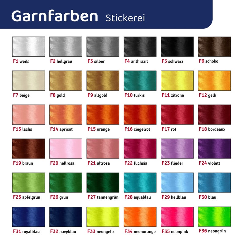 May include: A color chart of 36 different yarn colors, labeled with numbers and German names. The colors are arranged in rows of six, with each row representing a different color family. The colors include white, gray, black, brown, red, orange, yellow, green, blue, and pink.