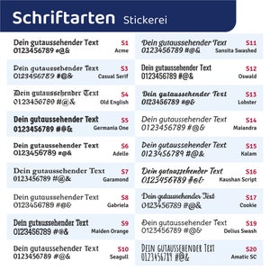 May include: A chart with a list of different fonts and their names. The chart is titled "Schriftarten Stickerei". Each font is displayed with a sample of the text "Dein gutaussehender Text 0123456789 #@&".