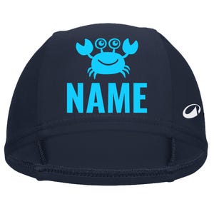 Children's swimming cap with name and animal print. Swimming cap, gift for starting school, swimming lessons, or swimming. Navy - Größe L