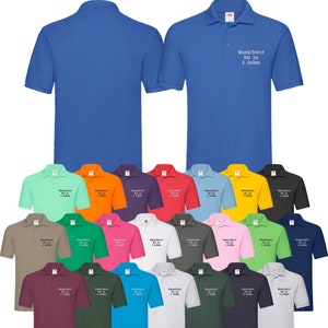 Könnte beinhalten: Eine Auswahl an Poloshirts in verschiedenen Farben, darunter Blau, Grün, Rot, Orange, Gelb, Pink, Weiß, Grau, Schwarz und Braun. Jedes Shirt hat ein kleines gesticktes Logo mit der Aufschrift "Wunschtext bis zu 3 Zeilen".