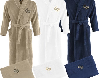 Set of bathrobe + shower towel embroidered with your initials monogram dressing gown Sauna Hotel