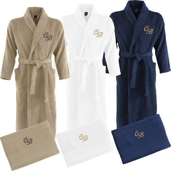 Set Bademantel + Duschtuch mit Ihren Initialen bestickt Monogramm Morgenmantel Sauna Hotel