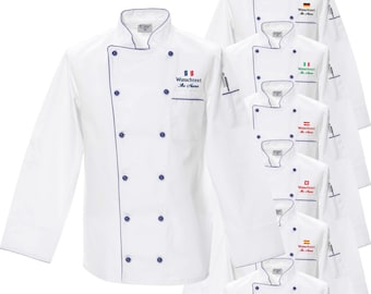 Kochjacke Paspel blau Bäckerjacke mit Flagge + Namen bestickt Grillen Kochen Backen Jacke für Koch Küche NEU